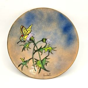 Enameled Copper Butterfly Thistle Trinket Ring Dish Artist Signed